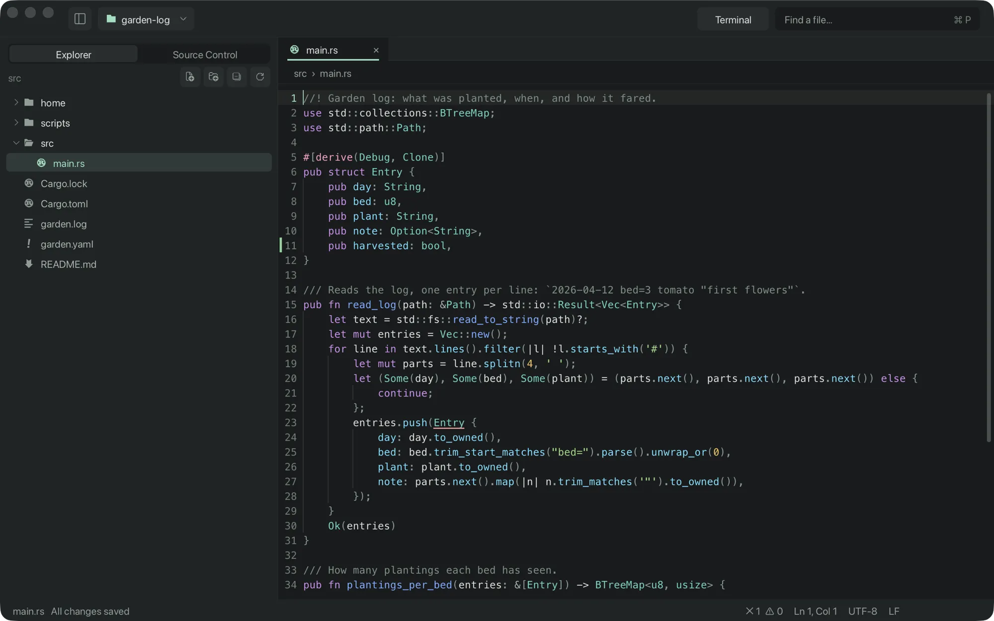 crc editing a Rust file: syntax colours, indent guides, Git marks in the gutter and the project sidebar.
