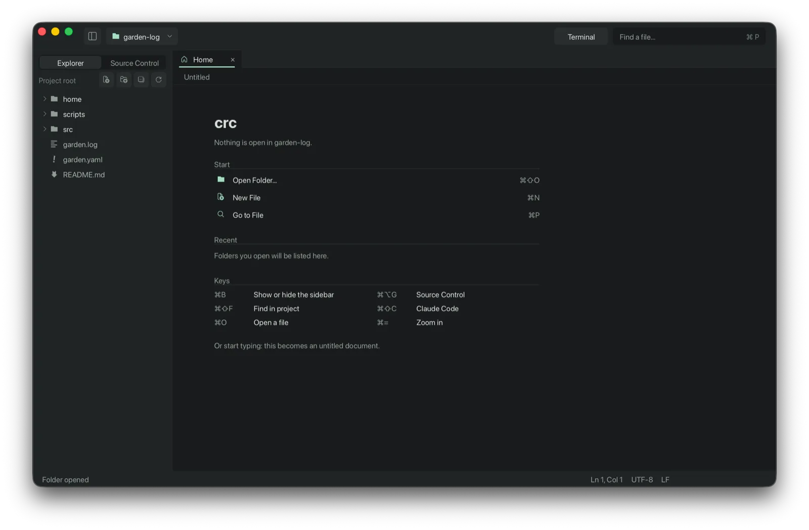 crc's home screen: Start actions, recent folders and a list of keys.