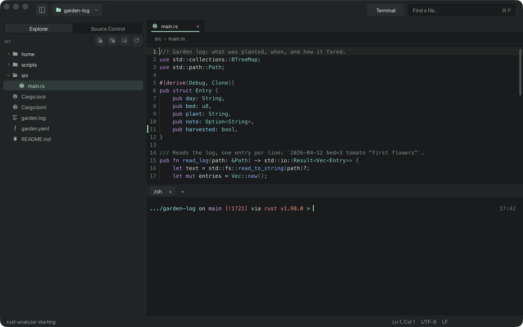 crc with a terminal panel open under the editor.